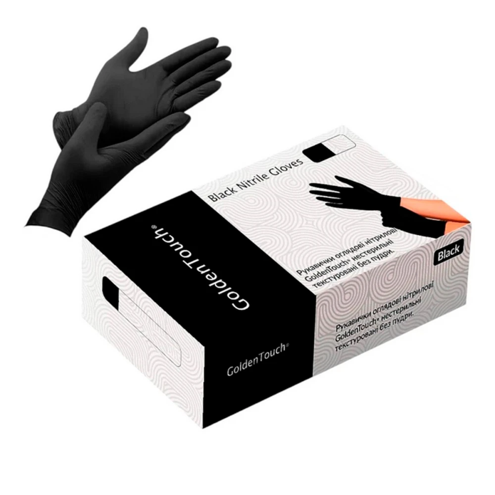 Перчатки нитрил смотровые нестерильные текстурные б/пудры Golden Touch (XS Черный)
