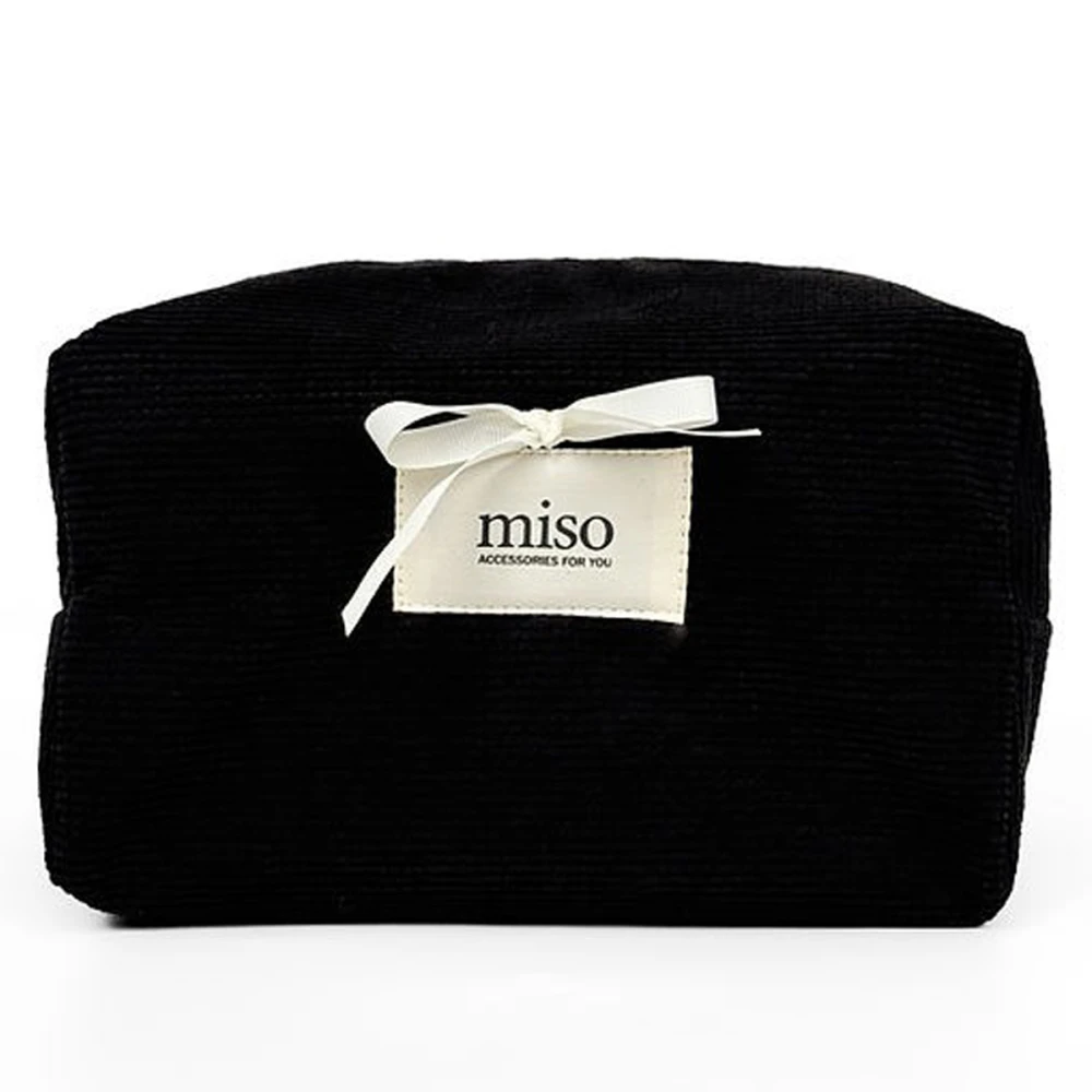 Косметичка средняя вельвет Miso (Черная белый бантик Квадрат)