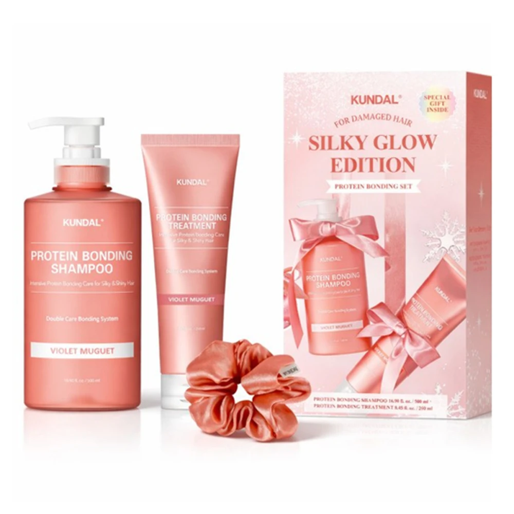 Набор для поврежденных волос с протеином Kundal Hair (Holiday Silk Glow Edition (Shampoo+Treatment+Hair Scrunche) Violet Muguet 500 мл+250 мл)