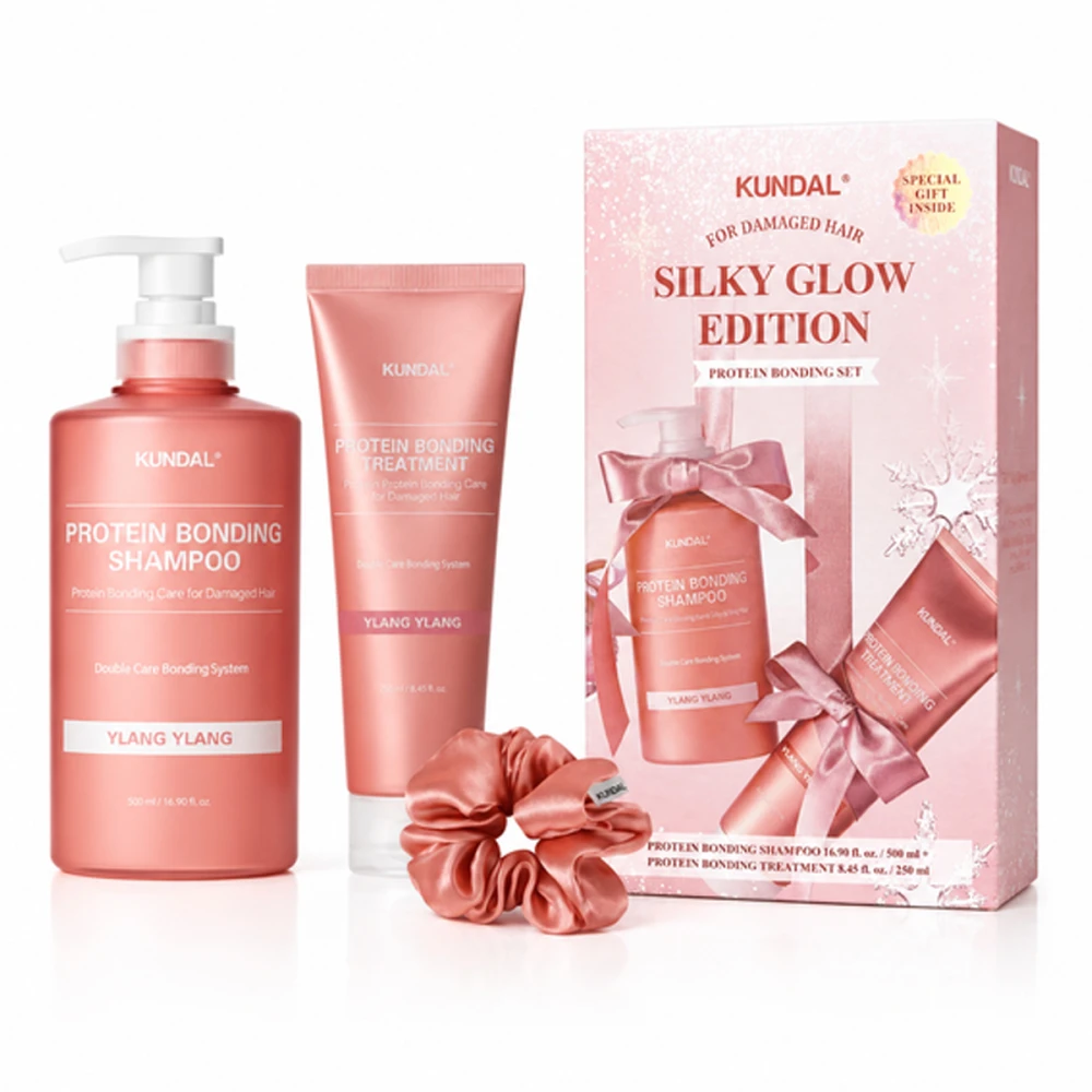 Набор для поврежденных волос с протеином Kundal Hair (Holiday Silk Glow Edition (Shampoo+Treatment+Hair Scrunche) Ylang Ylang 500 мл+250 мл)