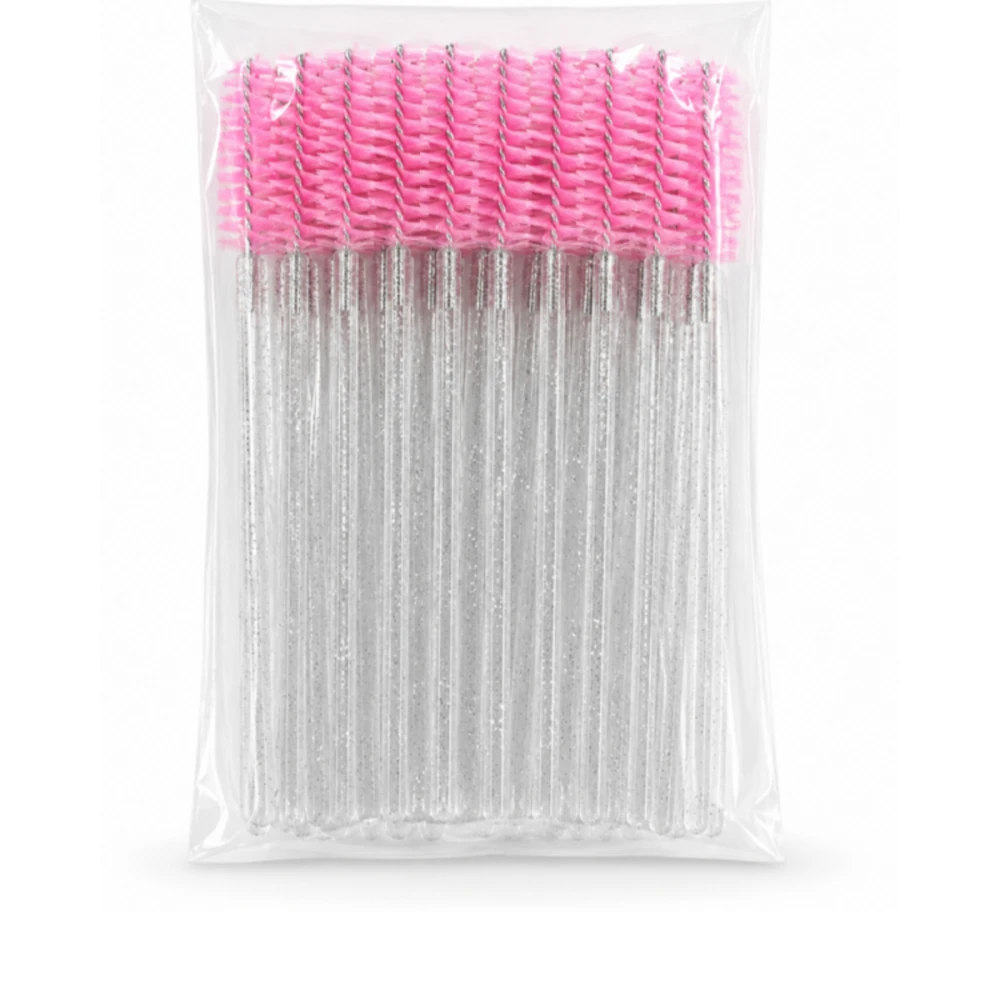 Щіточка для вій NoName Lashes 50 шт (ручка глітерна прозора, ворс рожевий нейлонова)