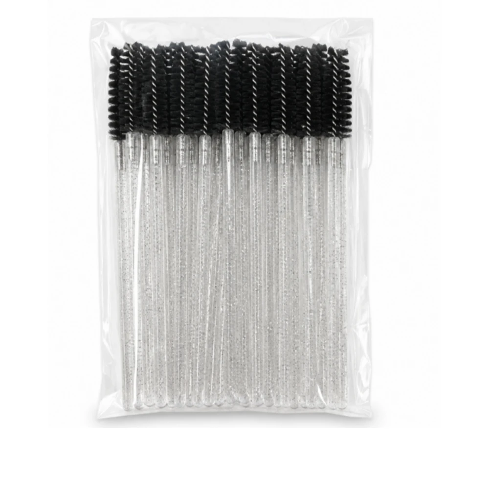 Щіточка для вій NoName Lashes 50 шт (ручка глітерна прозора, ворс чорний нейлонова)
