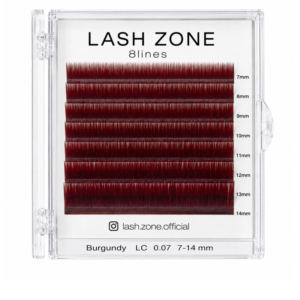 Вії для нарощування Lash Zone (MIX LС Burgundy 8 ліній 7-14 мм 0.07)