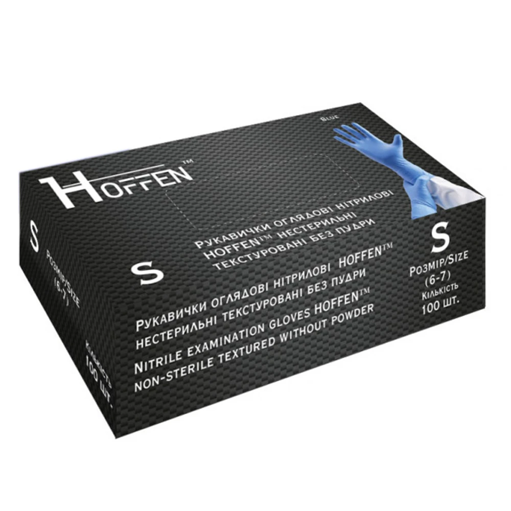 Перчатки нитрил неопудренные нестерильные текстурированные Hoffen Blue 100 ед (S)
