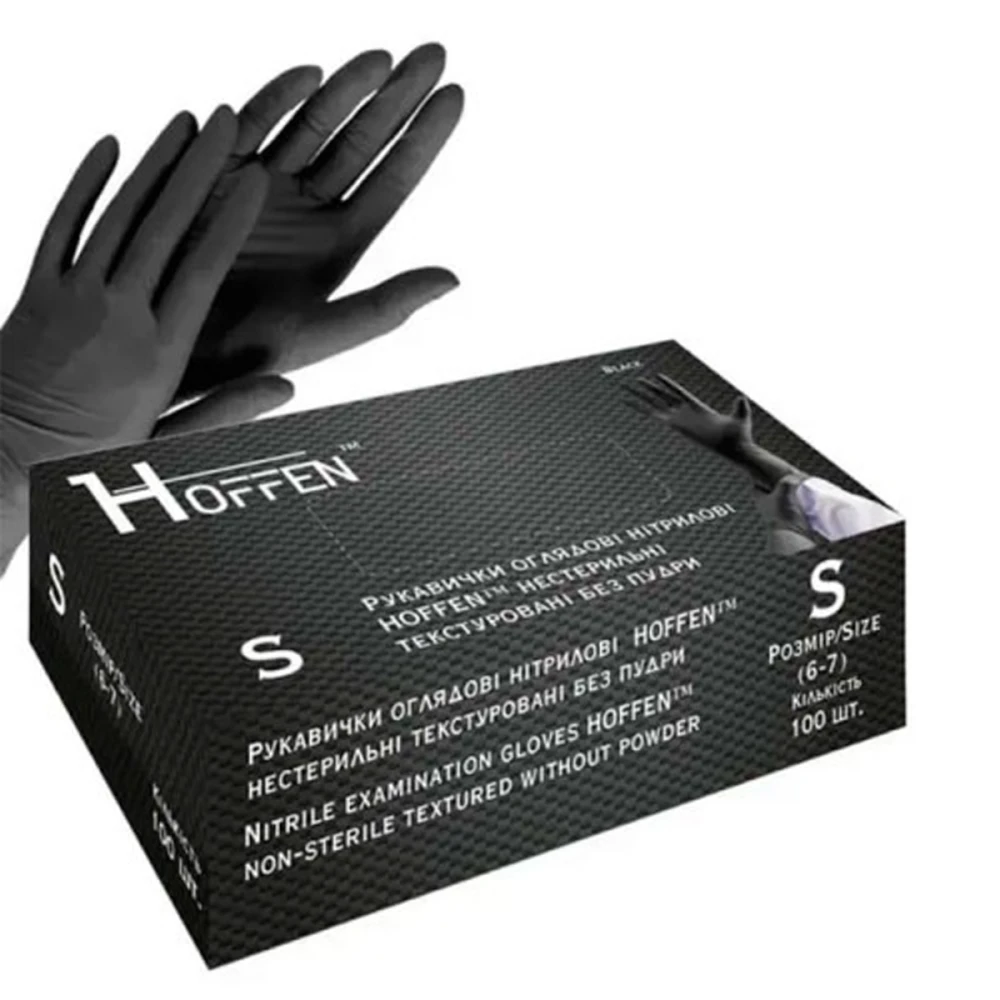 Рукавички нітрил неопудрені текстуровані нестерильні Hoffen Black 100 од. щільні (S)