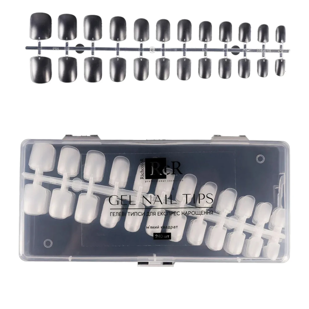 Типсы гелевые  RichcoloR для ногтей в пластиковом контейнере 240 шт (Мягкий квадрат)