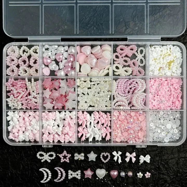 Набор украшений для ногтей розового ассорти (звезды, бантики, жемчужинки), 15 яч