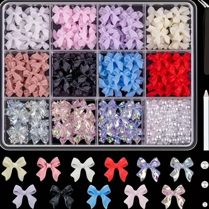 Набор украшений для ногтей (бантики), 12 яч + пинцет/карандаш