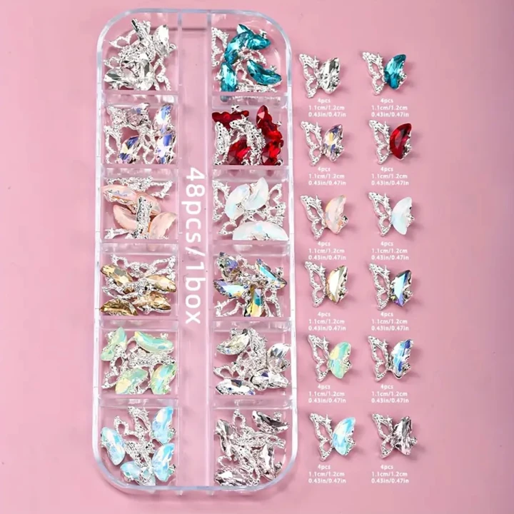 Набор украшений для ногтей с бабочками+камешки, 12 ком (48 шт)