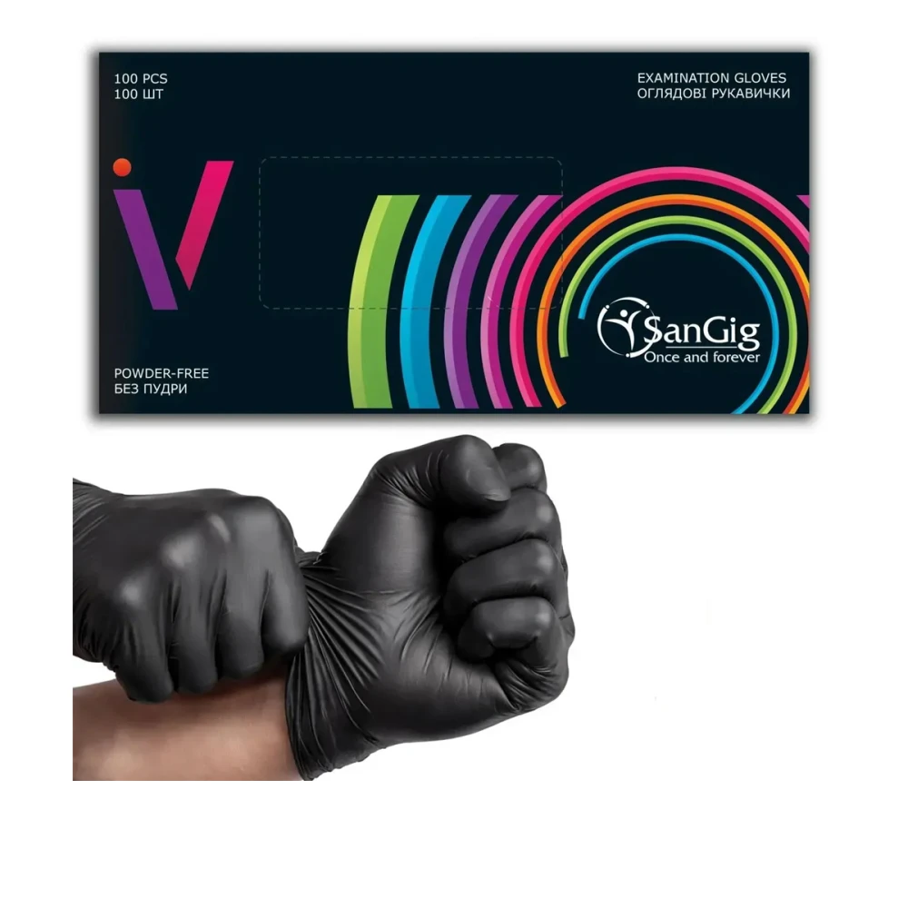 Перчатки нитриловые черные Супер крепкие SanGig STRONG XL-100шт/пач