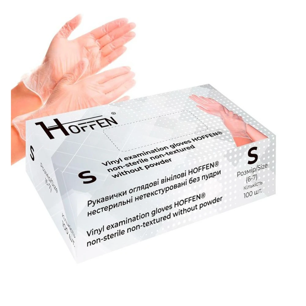 Перчатки винил неопудр/нестер/нетекстурированные Hoffen Прозрачные 100 ед. (S )