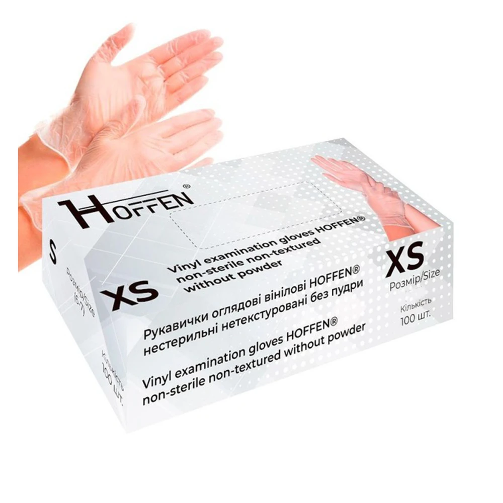 Рукавички вініл неопудр/нестер/нетекстуровані Hoffen Прозорі 100 од. (XS )