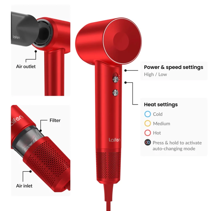 Фен для волосся Laifen Swift Special NЕW профессиональный с ионизацией + 3 насадки 1.8 м (Красный)